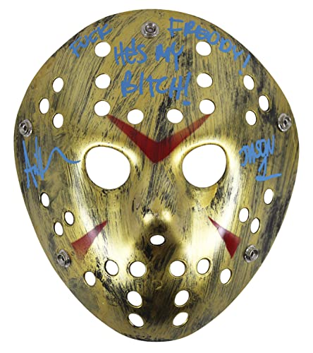 Ari Lehman Friday The 13th "F*** Freddy!" Signed Gold Jason Mask BAS Witnessed
