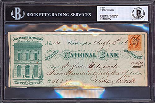 Andrew Johnson Signed 3.25x8.25 1866 Check Auto Graded Mint 9! BAS Slabbed