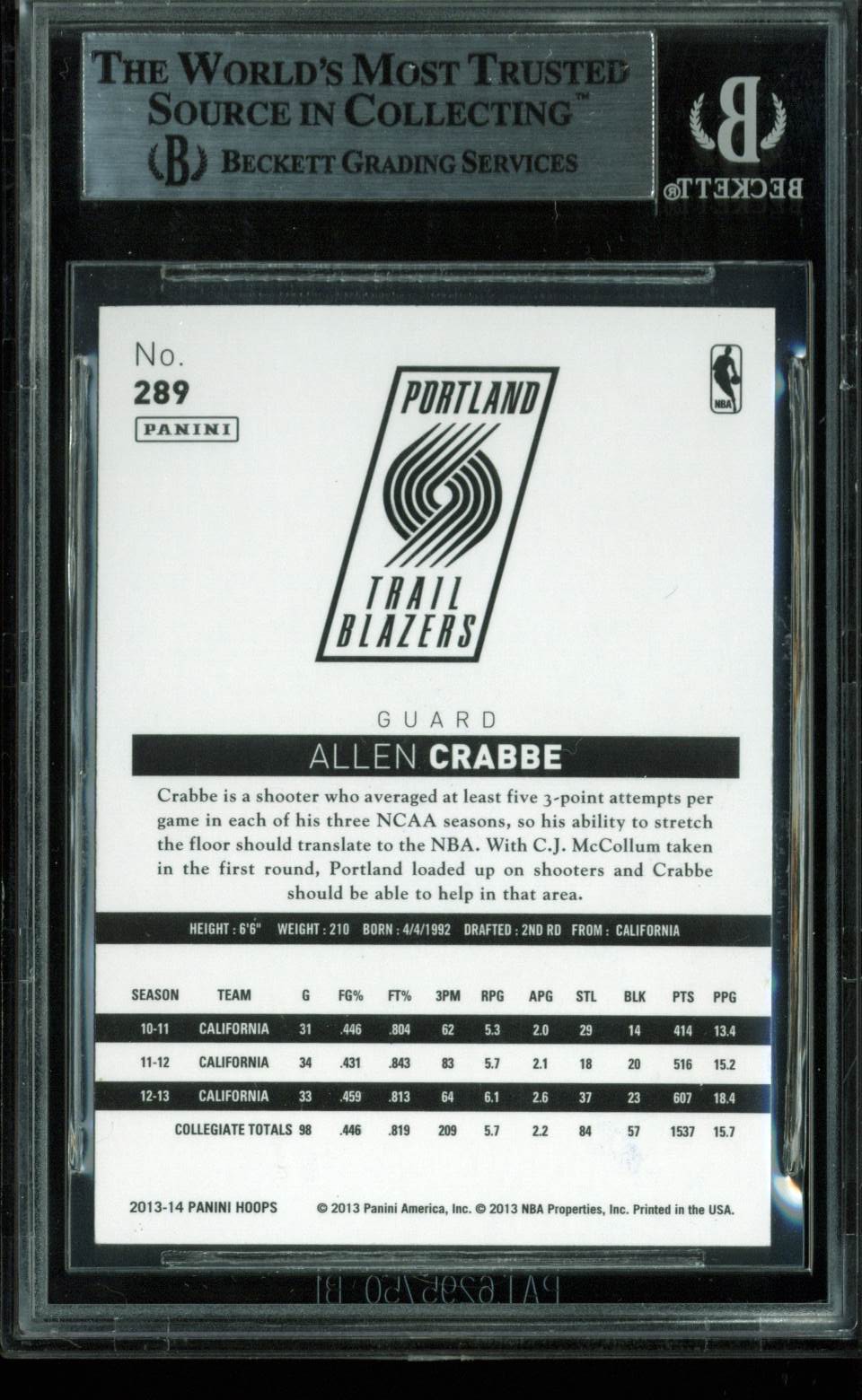 Grizzlies Allen Crabbe Authentic Signed Card 2013 Hoops RC #289 BAS Slabbed