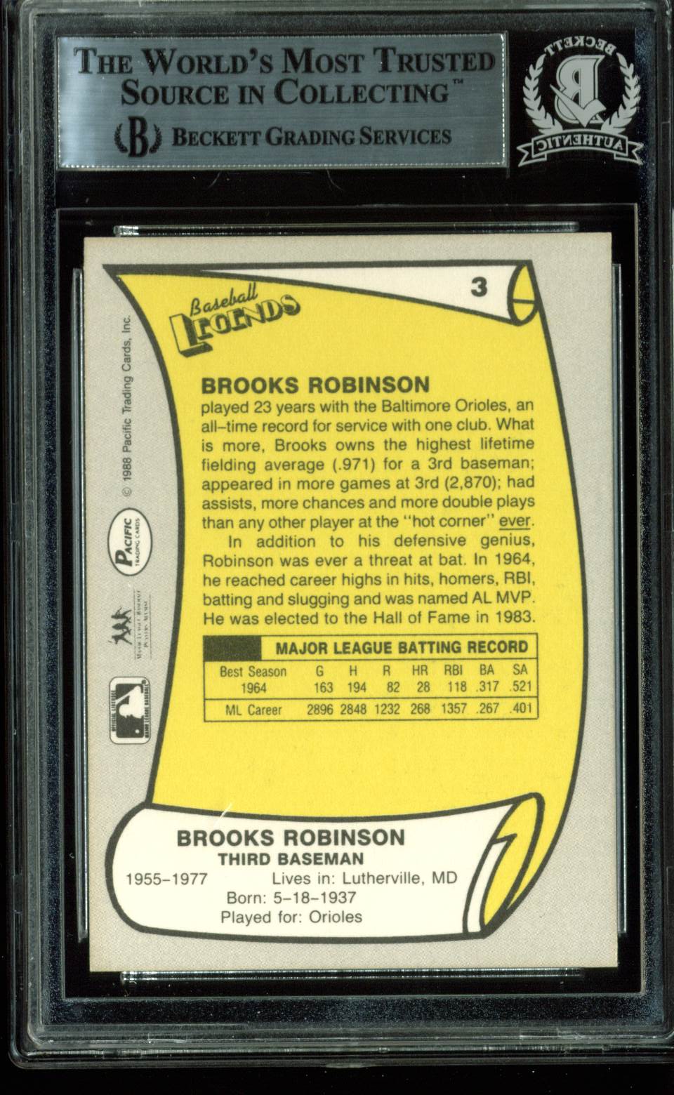 Orioles Brooks Robinson Signed Card 1988 Pacific Legends I #3 BAS Slabbed