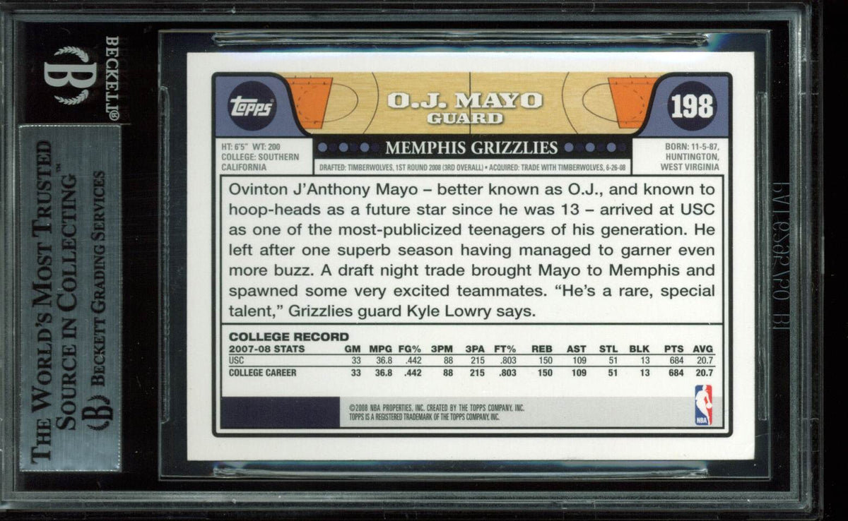 Grizzlies O.J. Mayo Authentic Signed Card 2008 Topps RC #198 BAS Slabbed