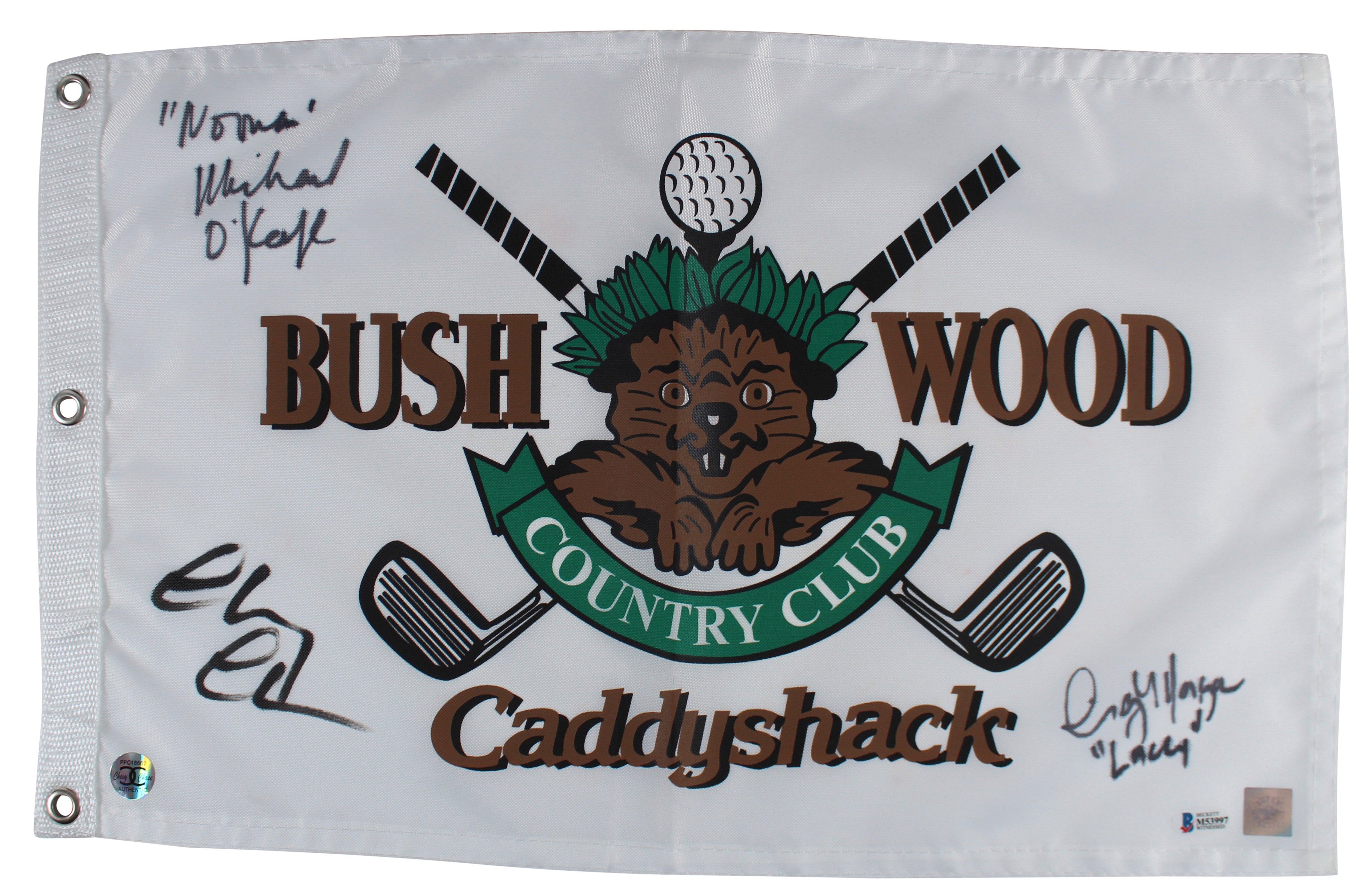 Caddyshack (3) Chase, Morgan & O'Keefe Signed Bushwood CC Flag BAS Wit #M53997