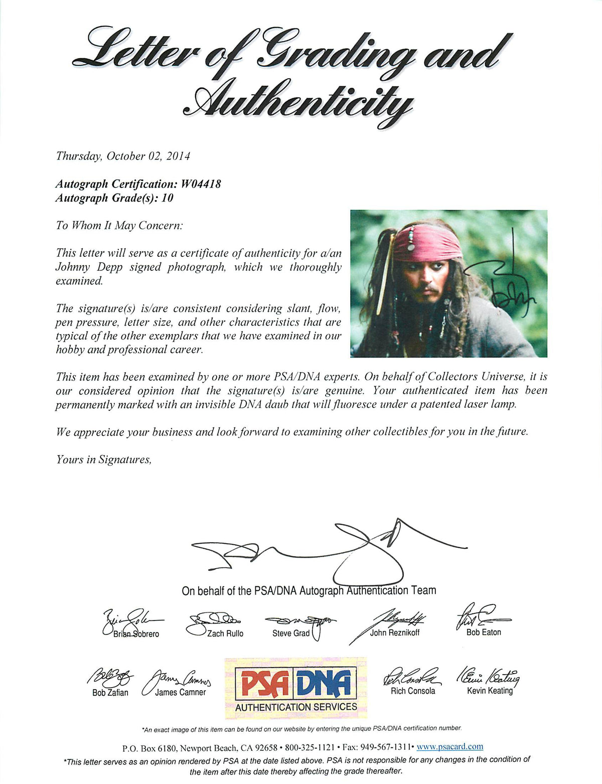 Johnny Depp Authentic Signed 11X14 Photo w/ Graded 10 Autograph! PSA/DNA #W04418