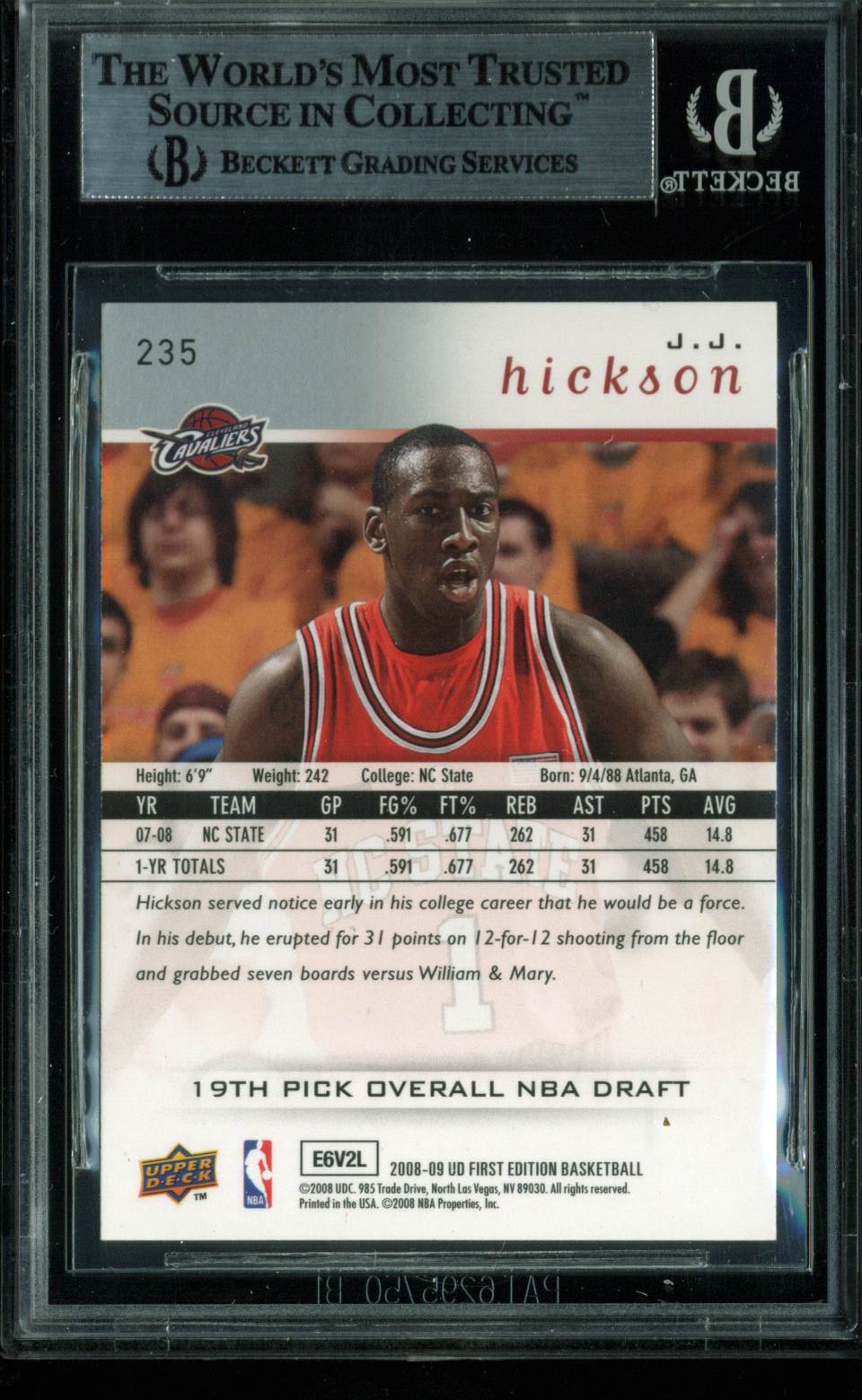 Cavaliers J.J. Hickson Signed Card 2008 UD First Edition RC #235 BAS Slabbed