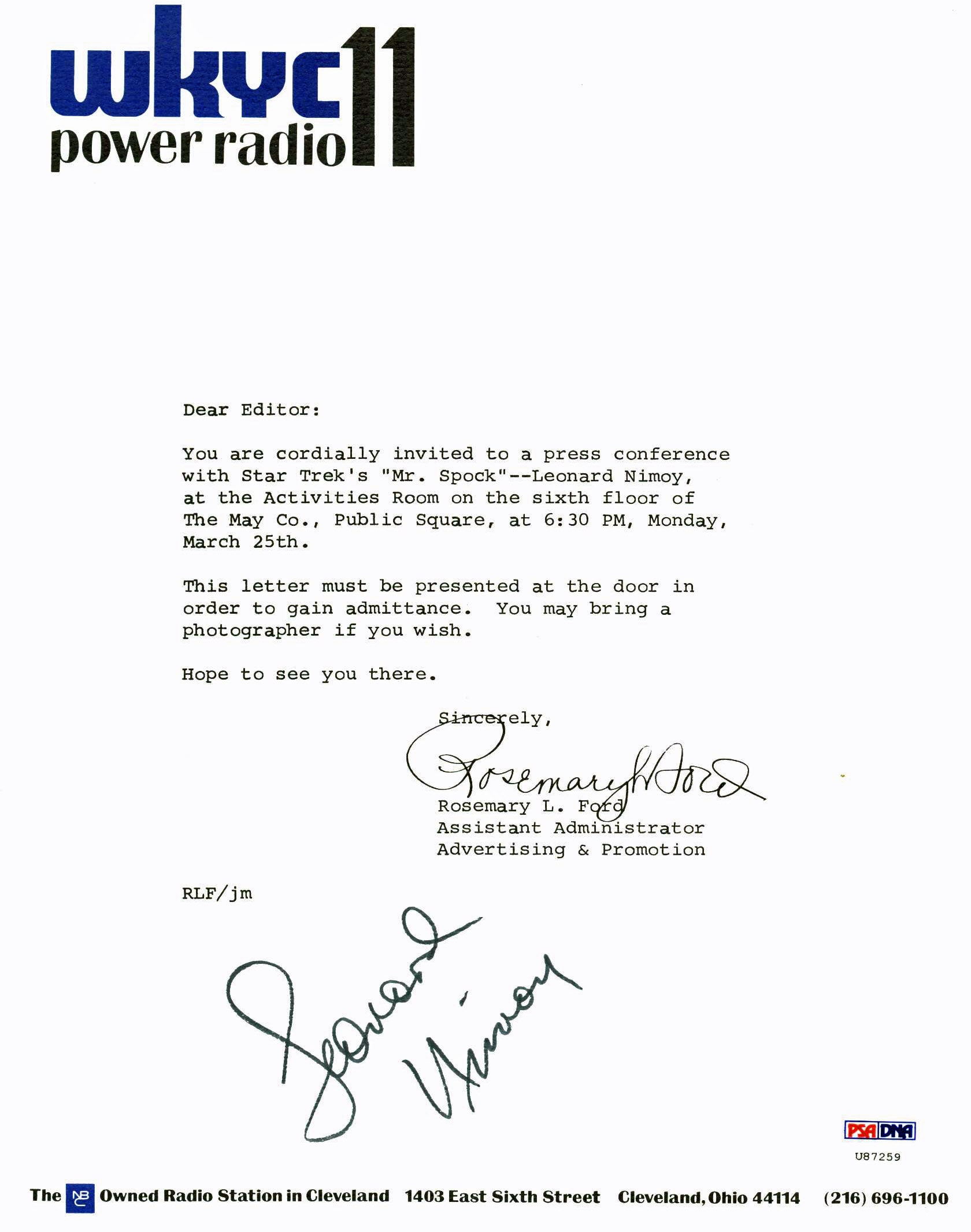 Leonard Nimoy Star Trek Signed 8.5x11 Invitation Letter PSA/DNA #U87259