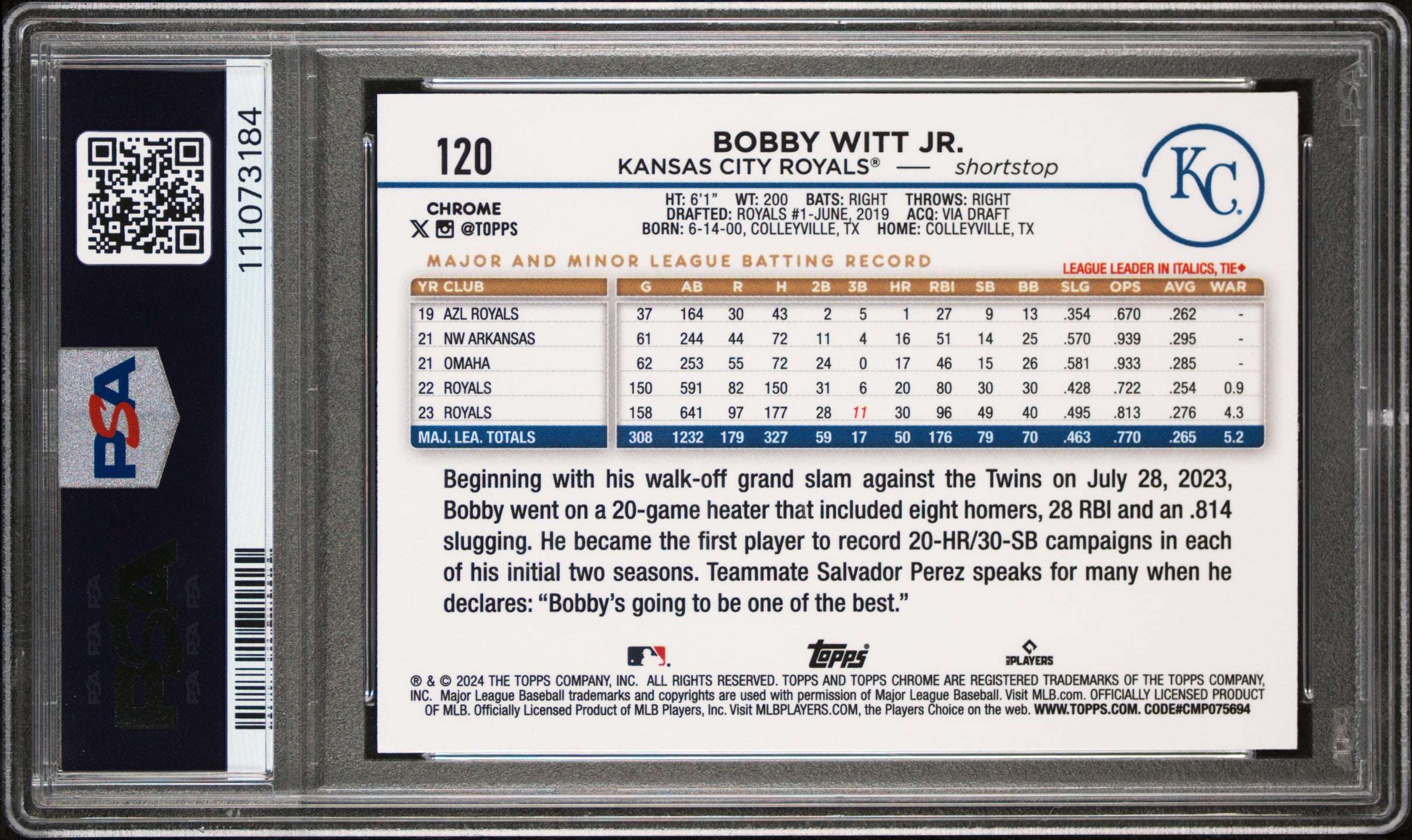 Bobby Witt Jr. Signed 2024 Topps Green Refractor #120 Card 9 Auto 10! PSA Slab