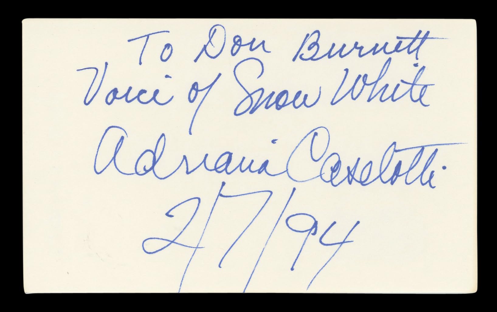 Adriana Caselotti Snow White "2/7/94" Signed 3x5 Index Card BAS #AD70151