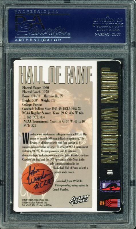 Ucla John Wooden Double Signed Card 1995 Action Packed HOF #16 PSA/DNA Slabbed