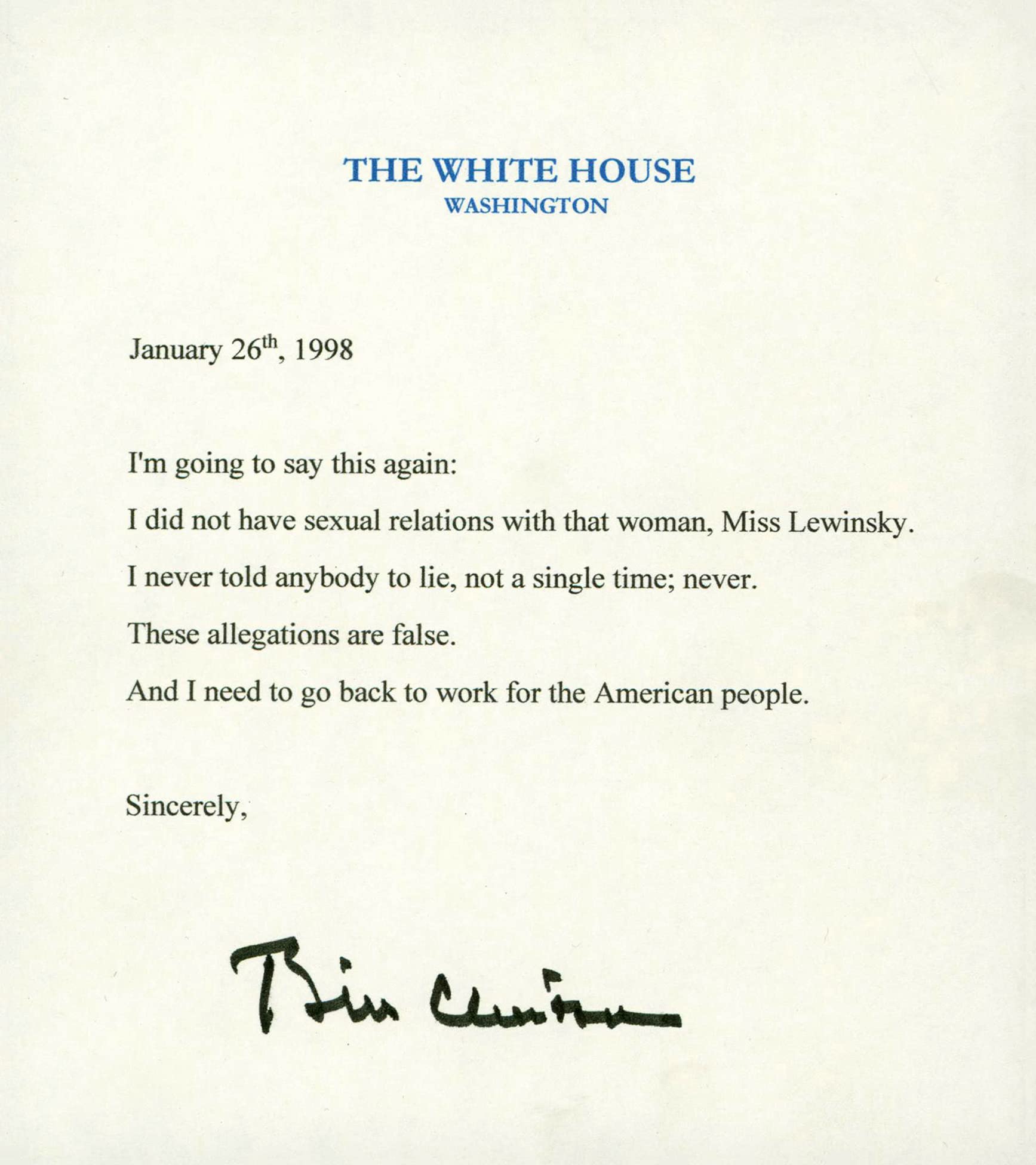 Bill Clinton Signed 5.5x6.5 Lewinsky Letter Cut Signature Auto 10! BAS #AA03544