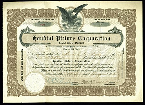 Harry Houdini Signed Houdini Picture Corporation Stock Certificate BAS #A87591