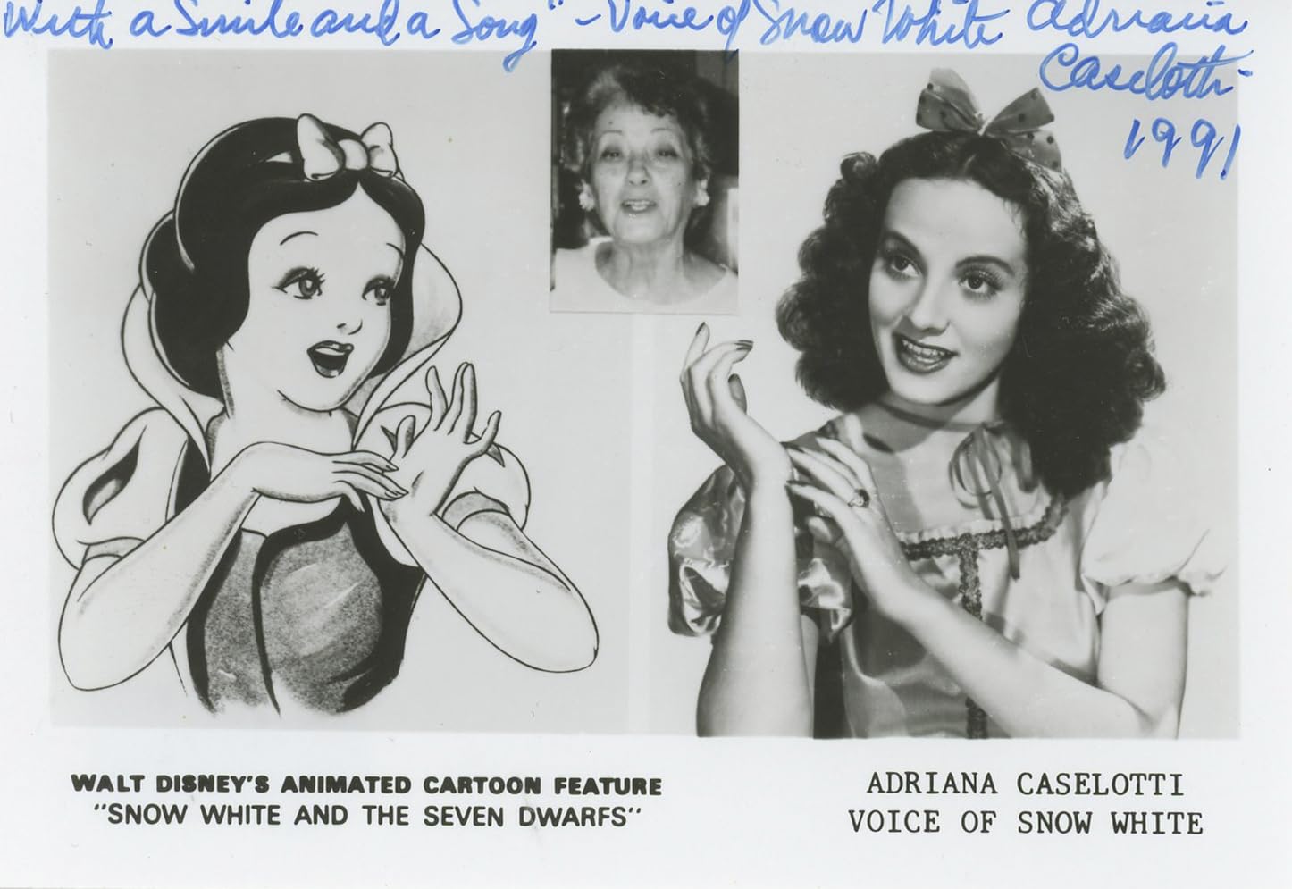 Adriana Caselotti Snow White "2x Insc" Authentic Signed 5x3 Photo BAS #BK43261