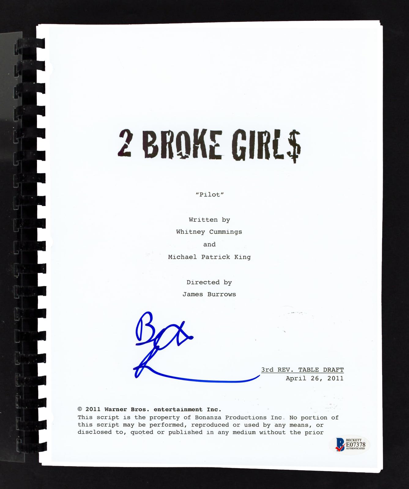 Beth Behrs Authentic Signed 2 Broke Girls Pilot Episode Tv Script BAS #E07378