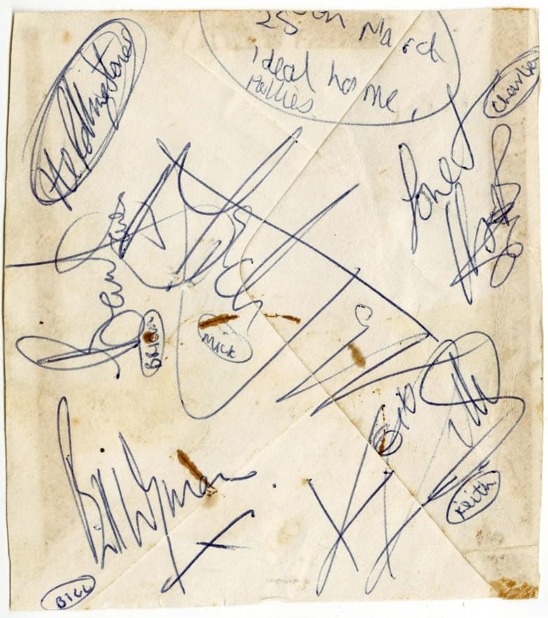 Rolling Stones (5) Jagger, Jones, Wyman, Watts & Richards Signed 4x4.5 Cut JSA