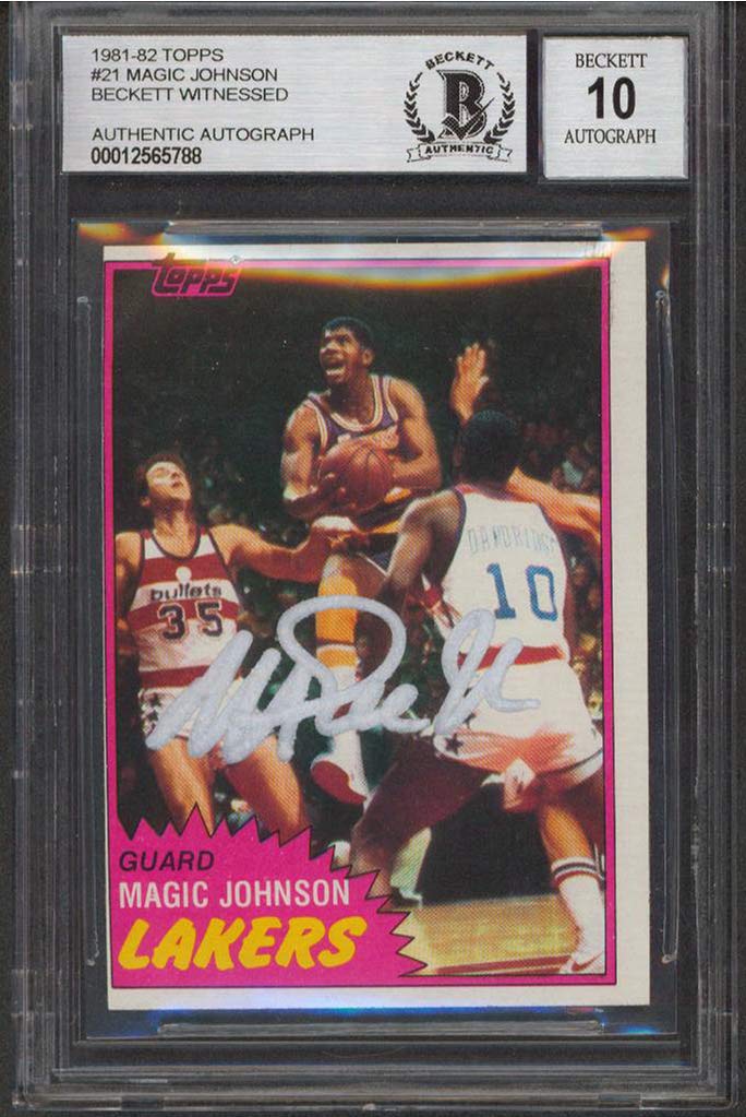 Lakers Magic Johnson Signed 1981 Topps #21 Card Auto Grade 10 BAS Slab #12565788