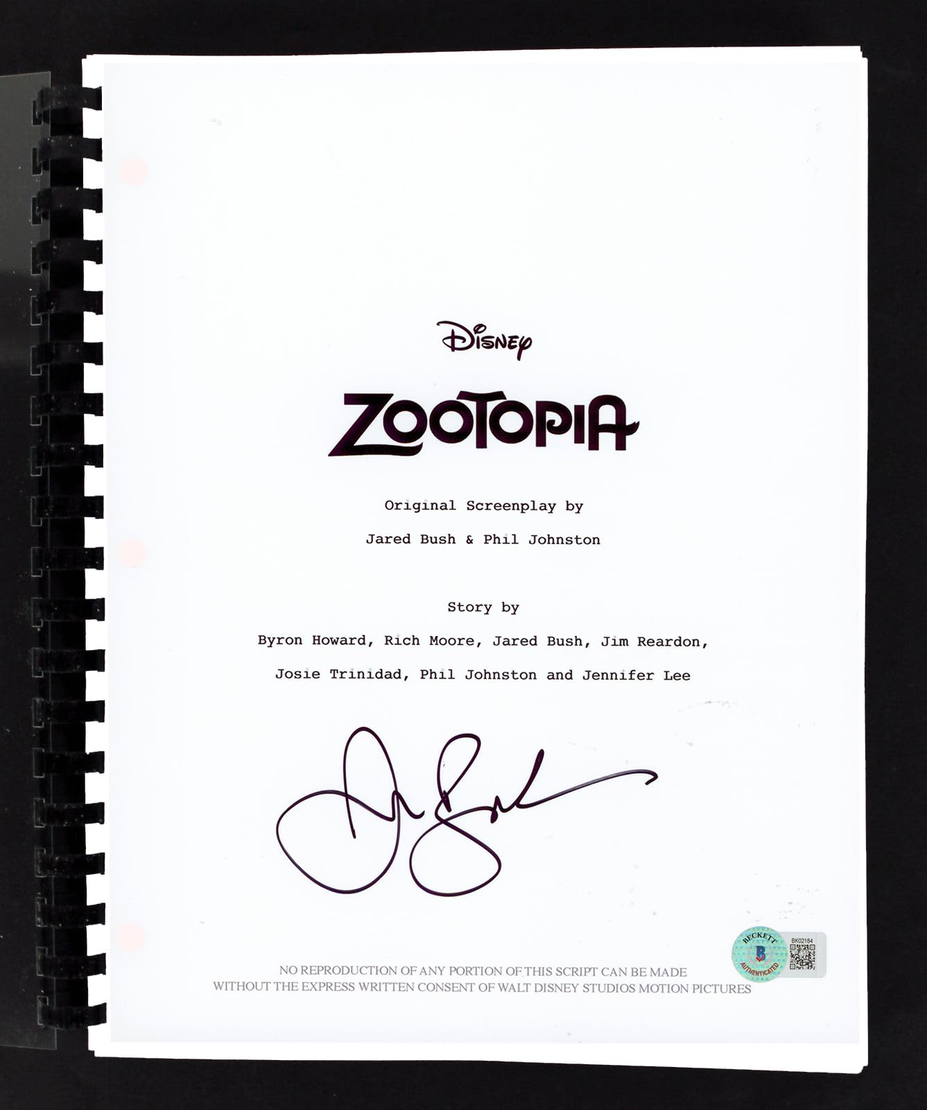 Jared Bush Zootopia Authentic Signed Movie Script Autographed BAS #BK02184