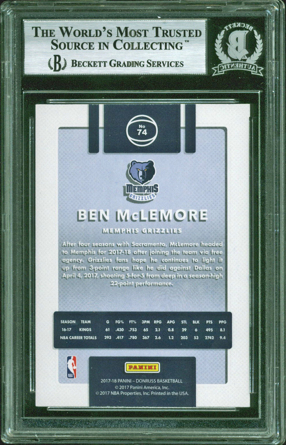 Grizzlies Ben Mclemore Authentic Signed 2017 Donruss #74 Auto Card BAS Slabbed