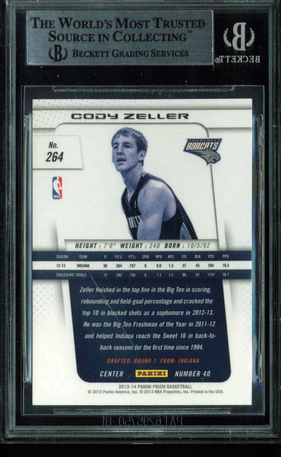 Bobcats Cody Zeller Authentic Signed Card 2013 Panini Prizm RC #264 BAS Slabbed