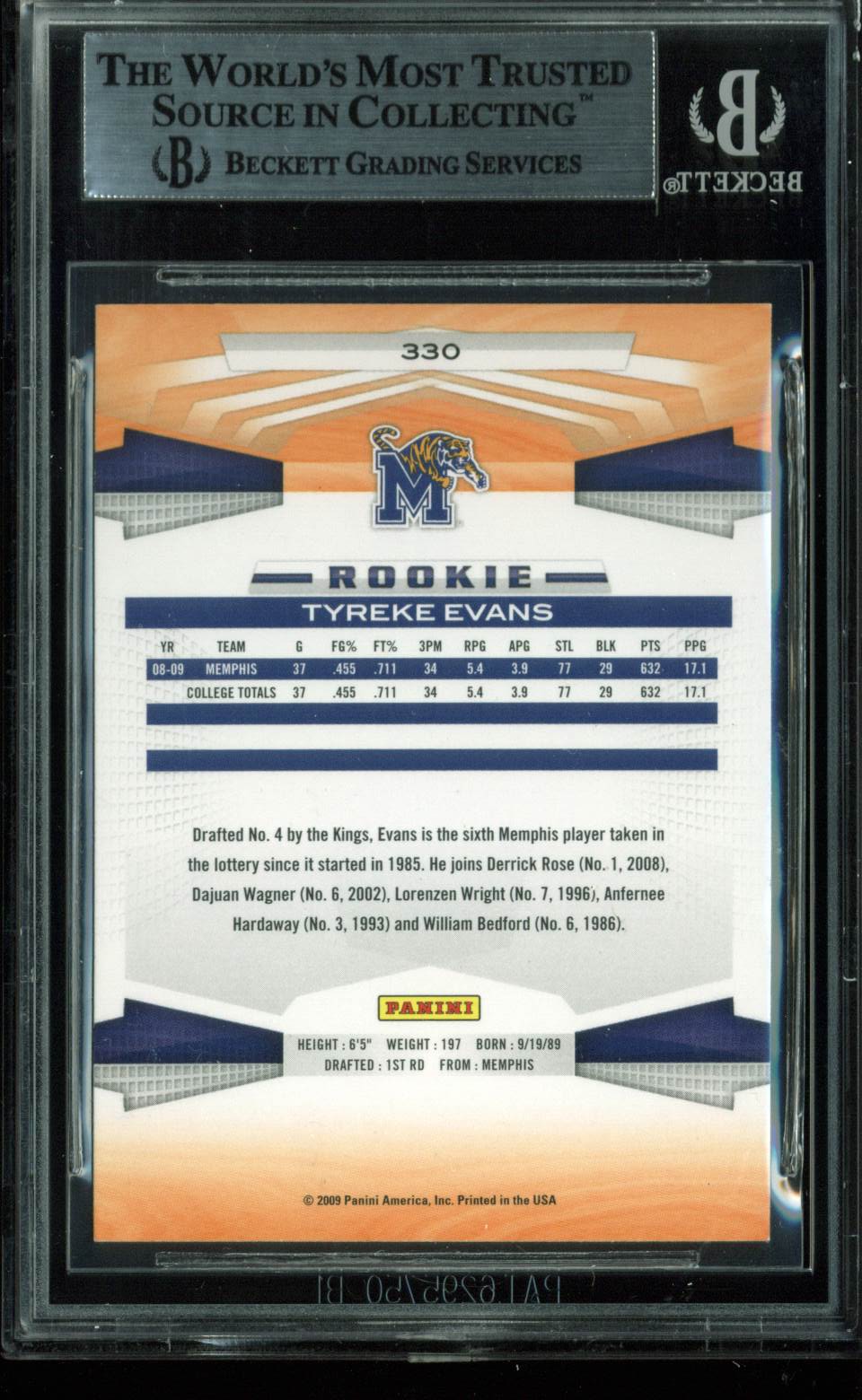 Kings Tyreke Evans Authentic Signed Card 2009 Panini RC #330 BAS Slabbed