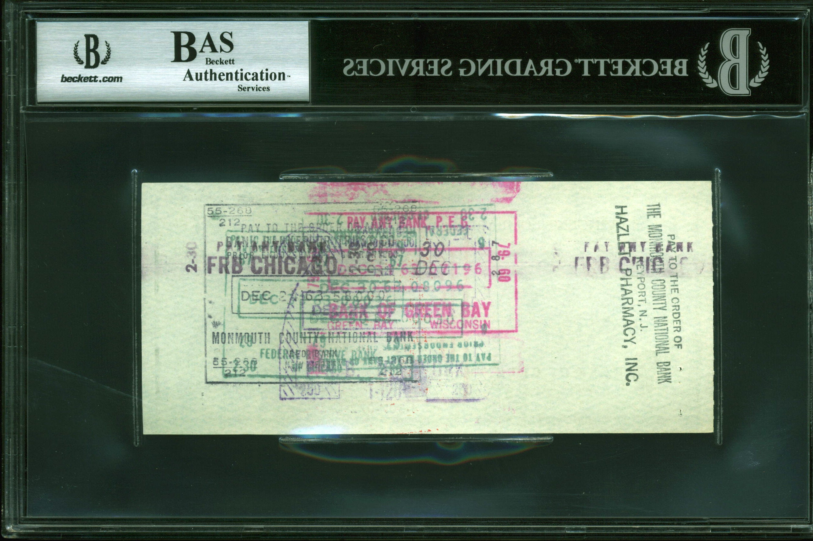 Packers Vince Lombardi Signed 2.75x6.25 Check Dated December 16, 1963 BAS Slab