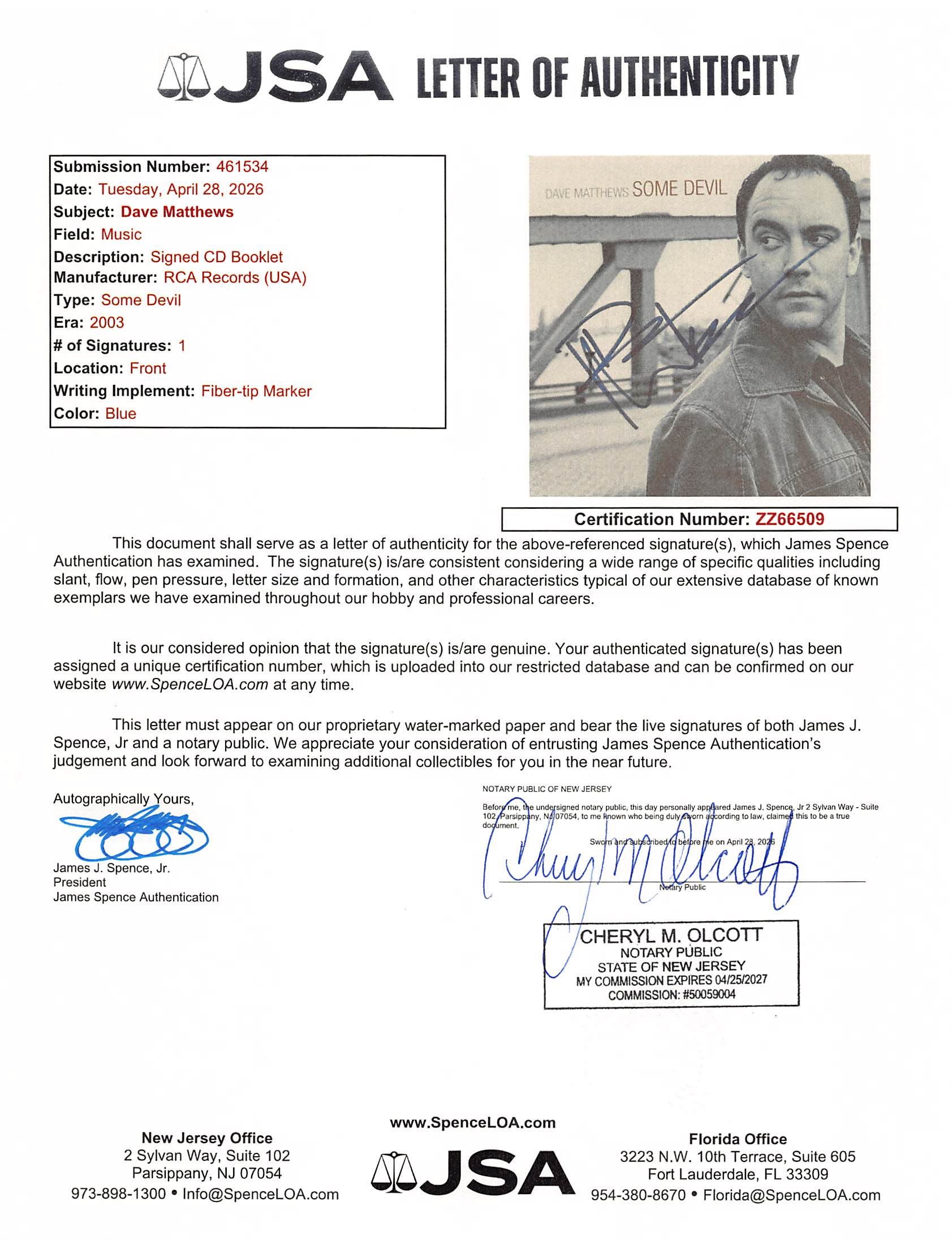 Dave Matthews Authentic Signed Some Devil CD Booklet Autographed JSA #ZZ66509