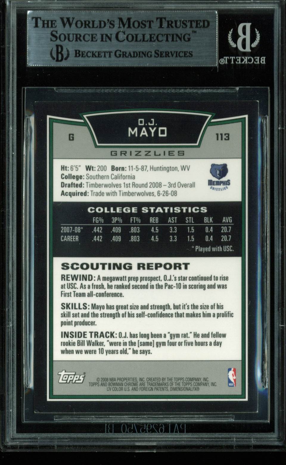 Grizzlies O.J. Mayo Authentic Signed Card 2008 Bowman Chrome RC #113 BAS Slabbed