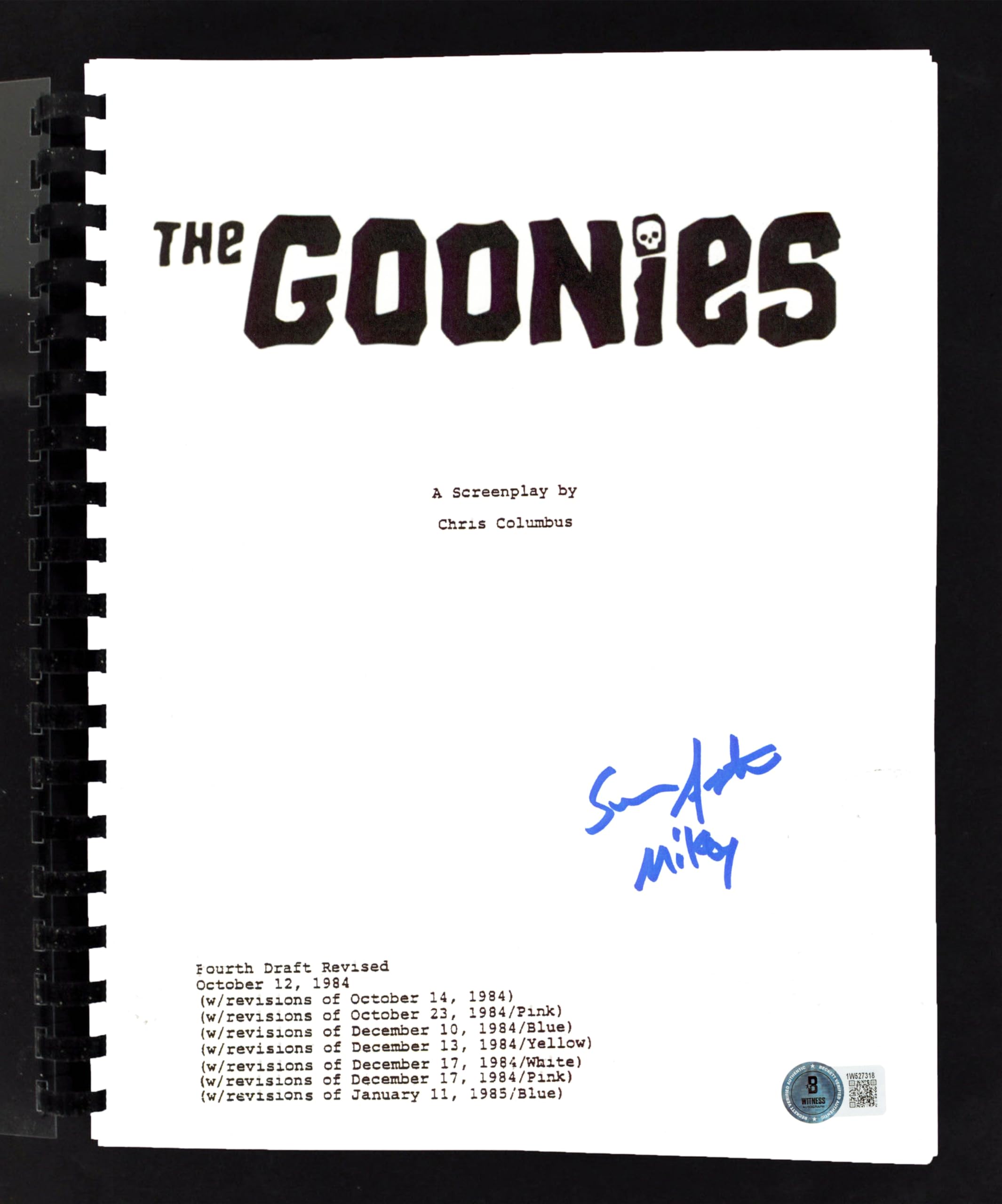 Sean Astin The Goonies "Mikey" Authentic Signed Movie Script BAS Witnessed