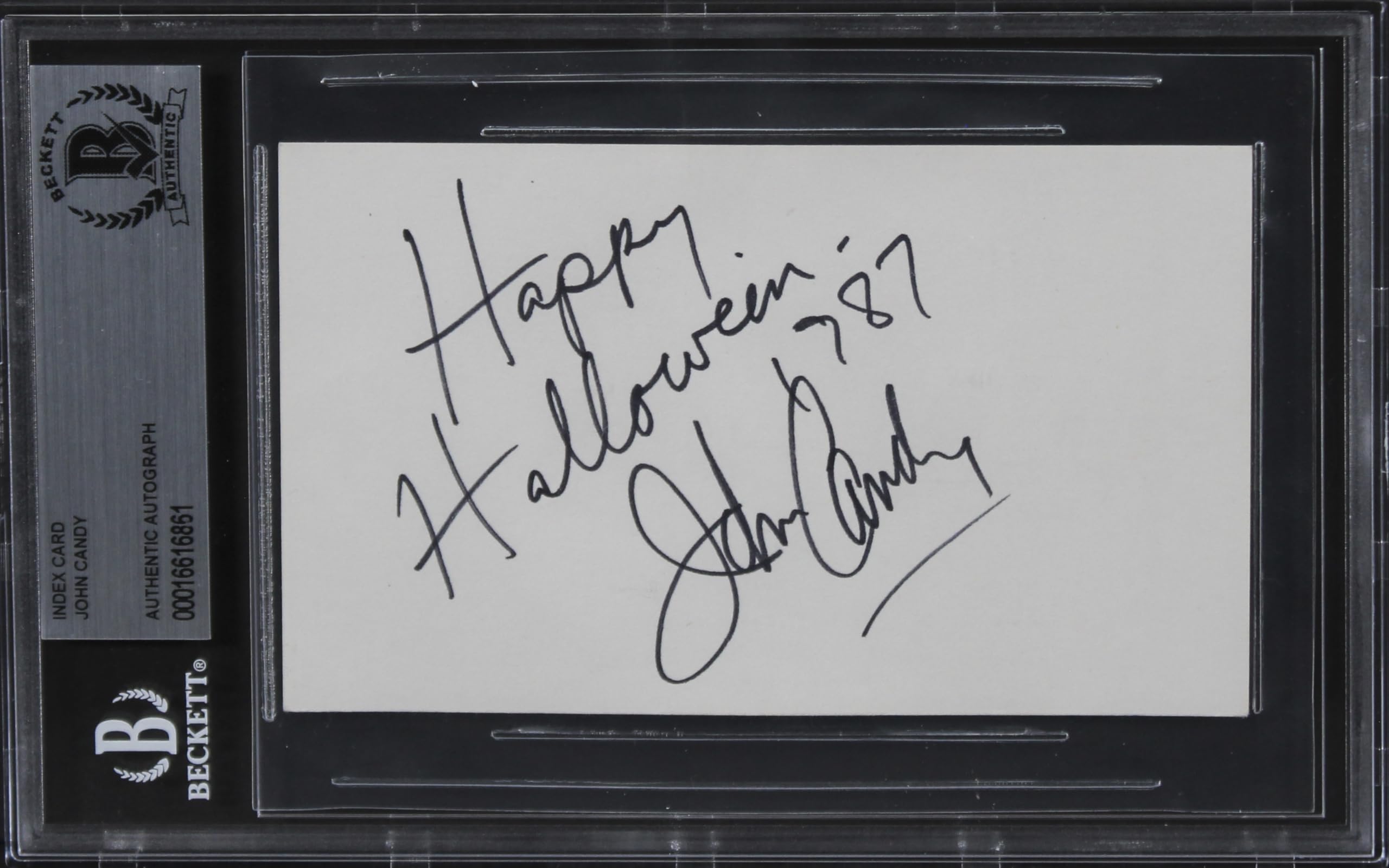 John Candy Uncle Buck "Happy Halloween" Signed 3x5 Index Card BAS Slabbed
