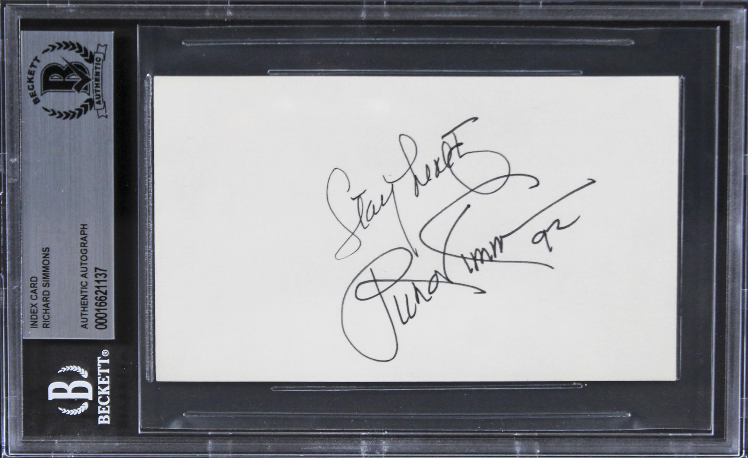 Richard Simmons "Stay Hearty 92" Authentic Signed 3x5 Index Card BAS Slabbed 1