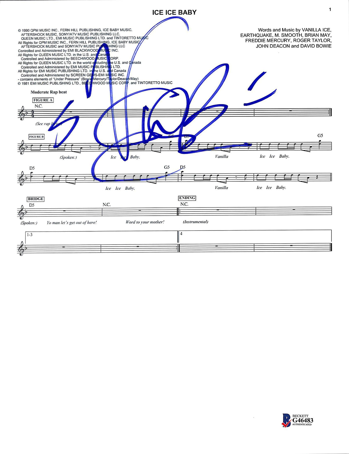 Vanilla Ice Authentic Signed Ice Ice Baby Music Sheet Photo BAS #G46483