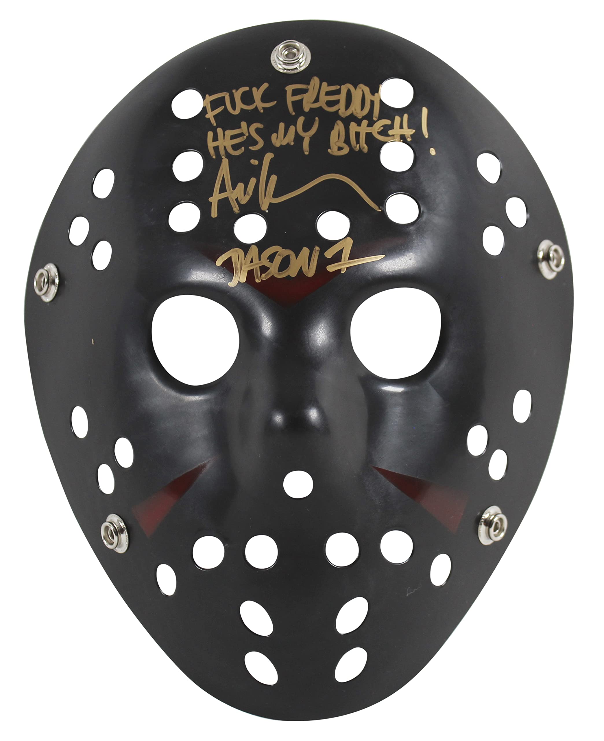 Ari Lehman Friday The 13th "F*** Freddy!" Signed Black Mask w/ Gold Sig BAS Wit