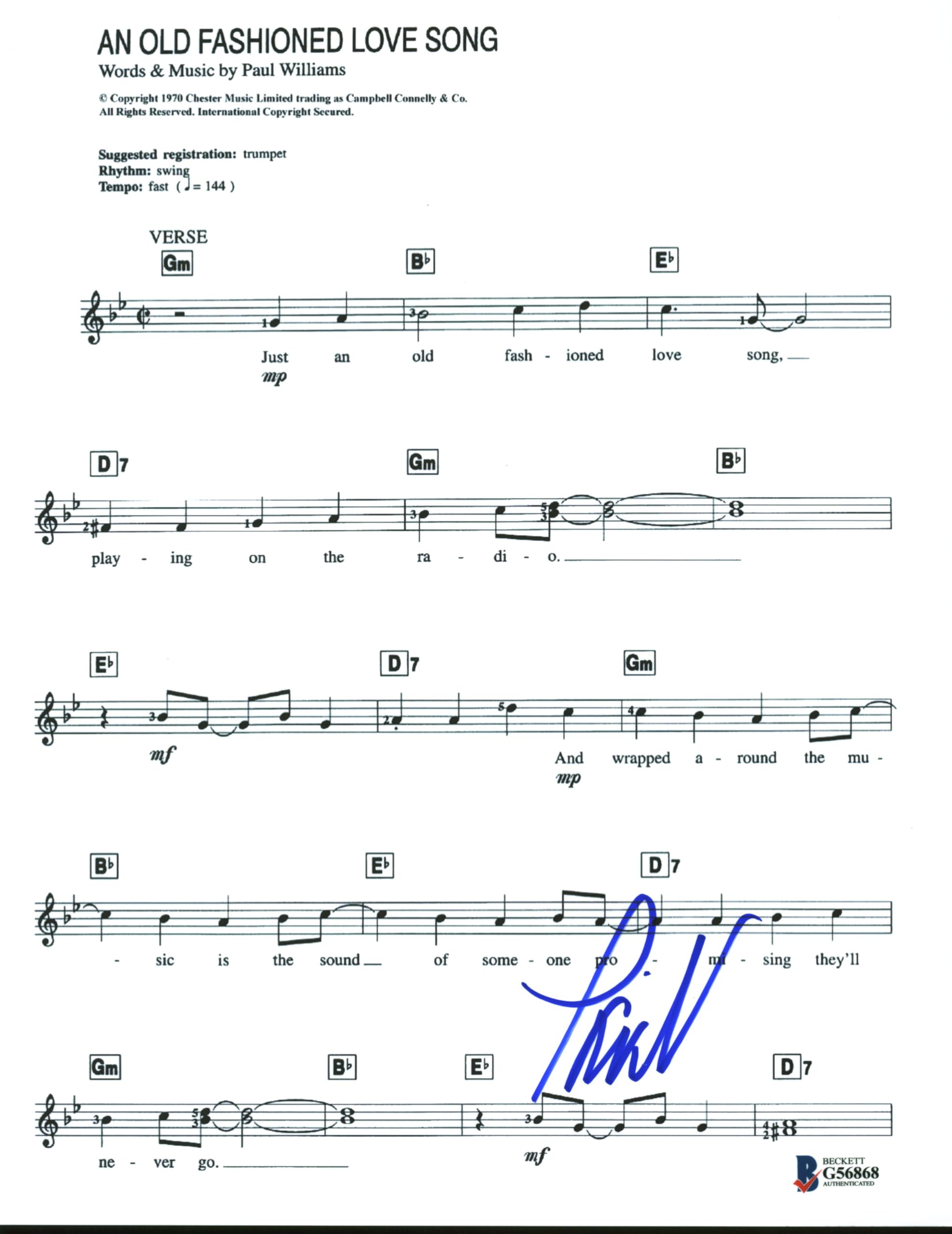 Paul Williams An Old Fashioned Love Song Signed 8x10 Music Sheet BAS #G56868