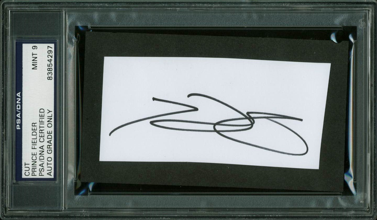 Rangers Prince Fielder Signed 2x4.25 Cuto Auto Graded Mint 9! PSA/DNA Slabbed