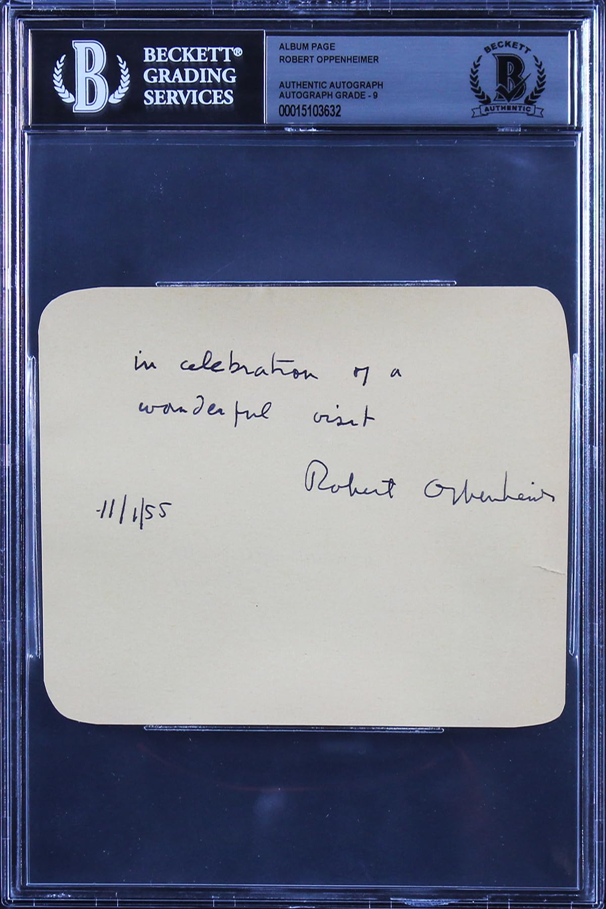 Robert Oppenheimer "11/1/55" Signed 4.5x5.25 Album Page Auto 9! BAS Slabbed