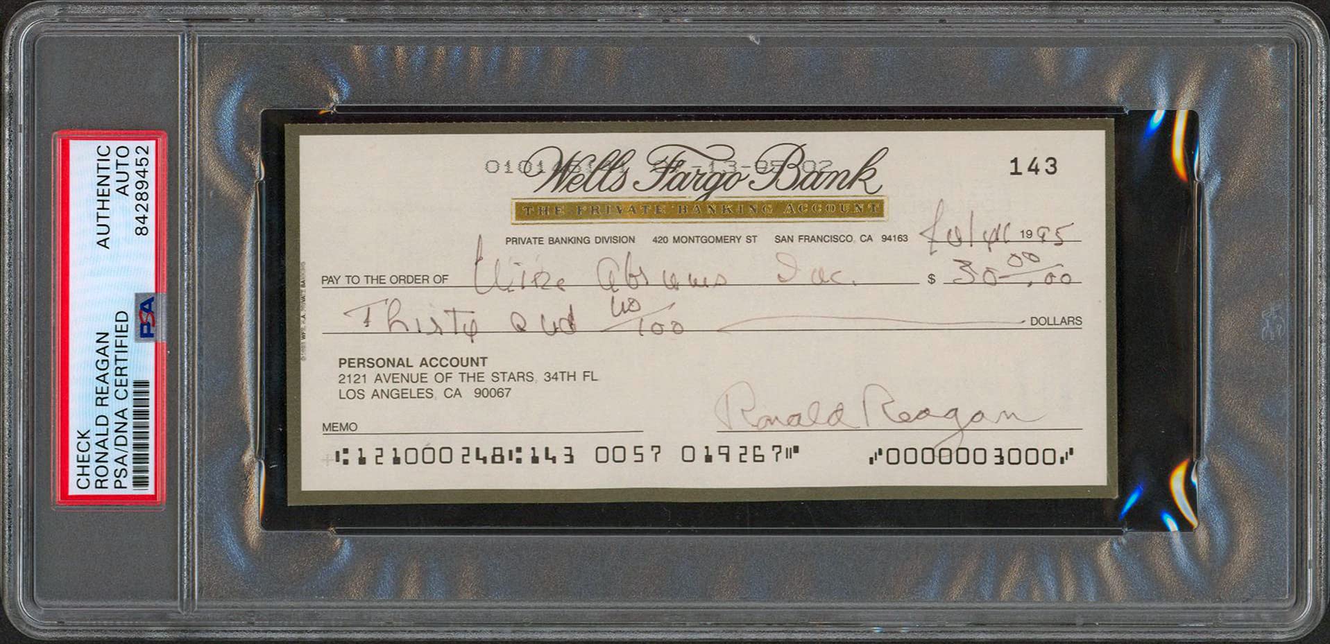 Ronald Reagan Signed 2.75x6 Personal Check Dated July 4, 1995 PSA/DNA Slabbed