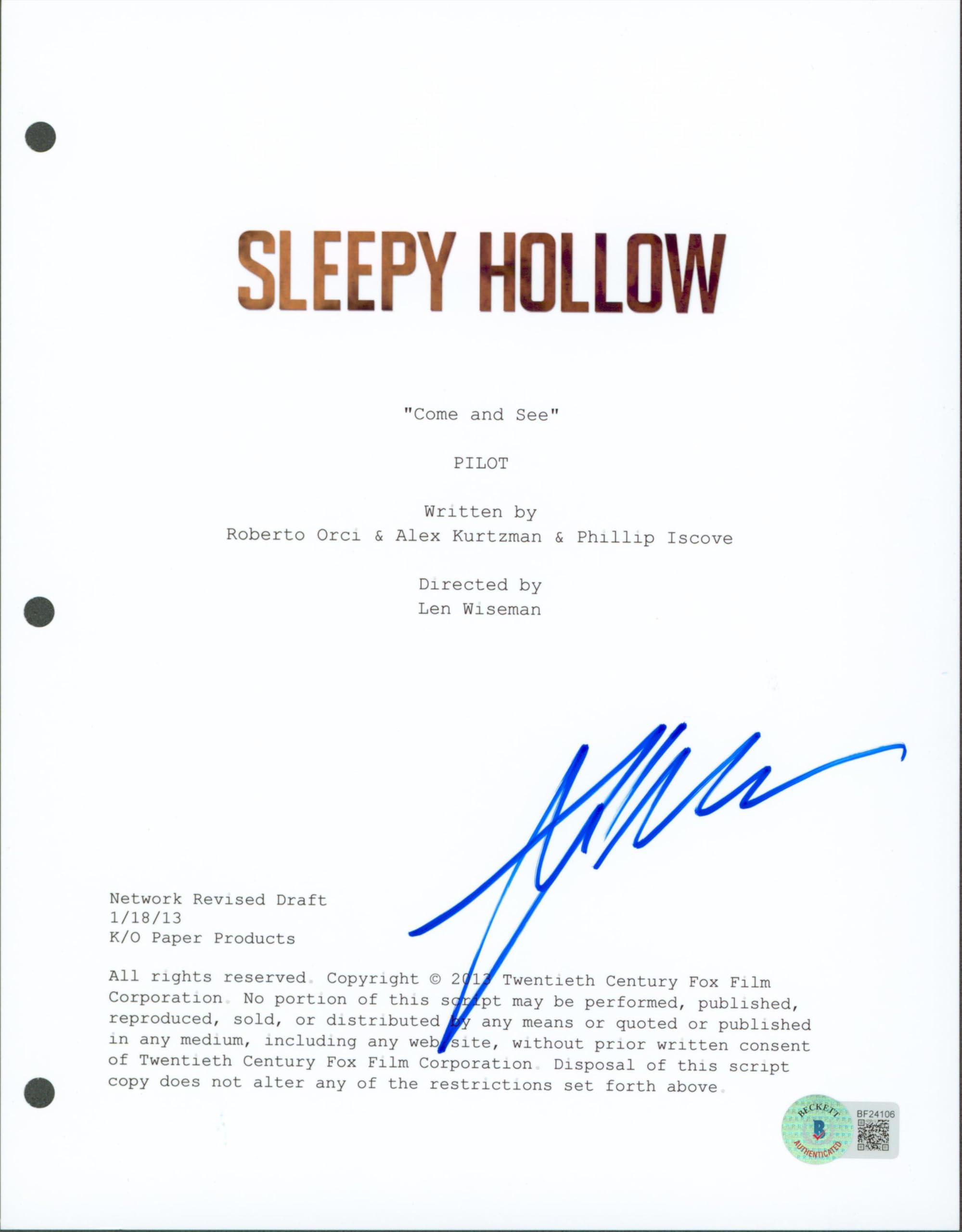 Len Wiseman Authentic Signed 8.5x11 Sleepy Hollow Script Cover BAS #BF24106