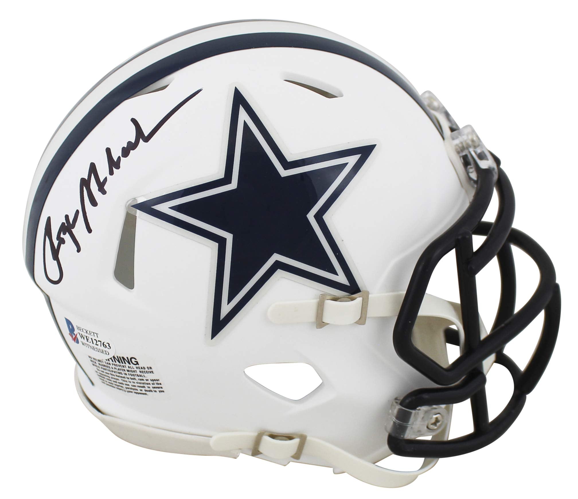 Cowboys Roger Staubach Signed Flat White Speed Mini Helmet w/ Black Sig BAS Wit