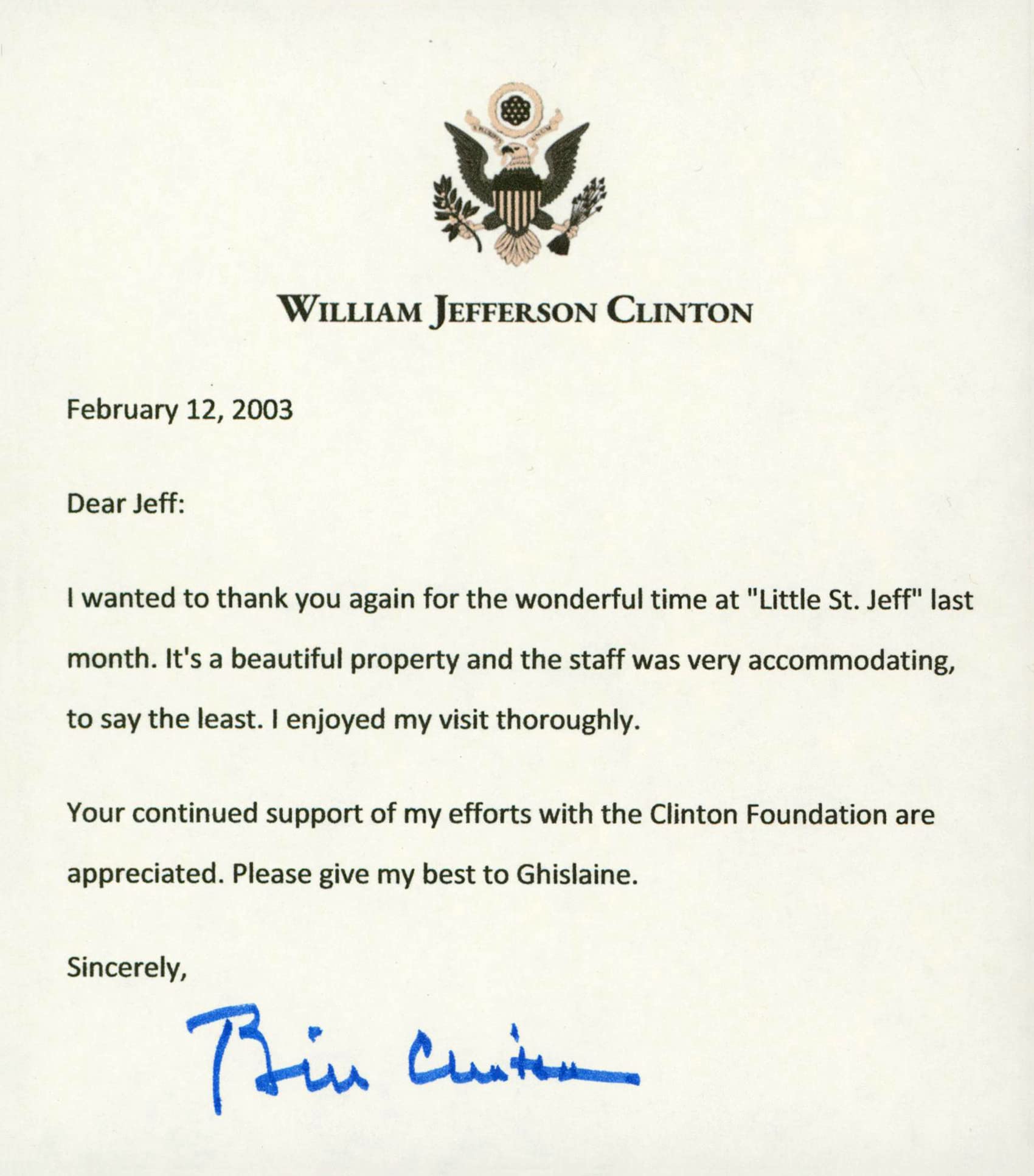 Bill Clinton Authentic Signed 5.5x6.5 Letter Autographed BAS #AA03540