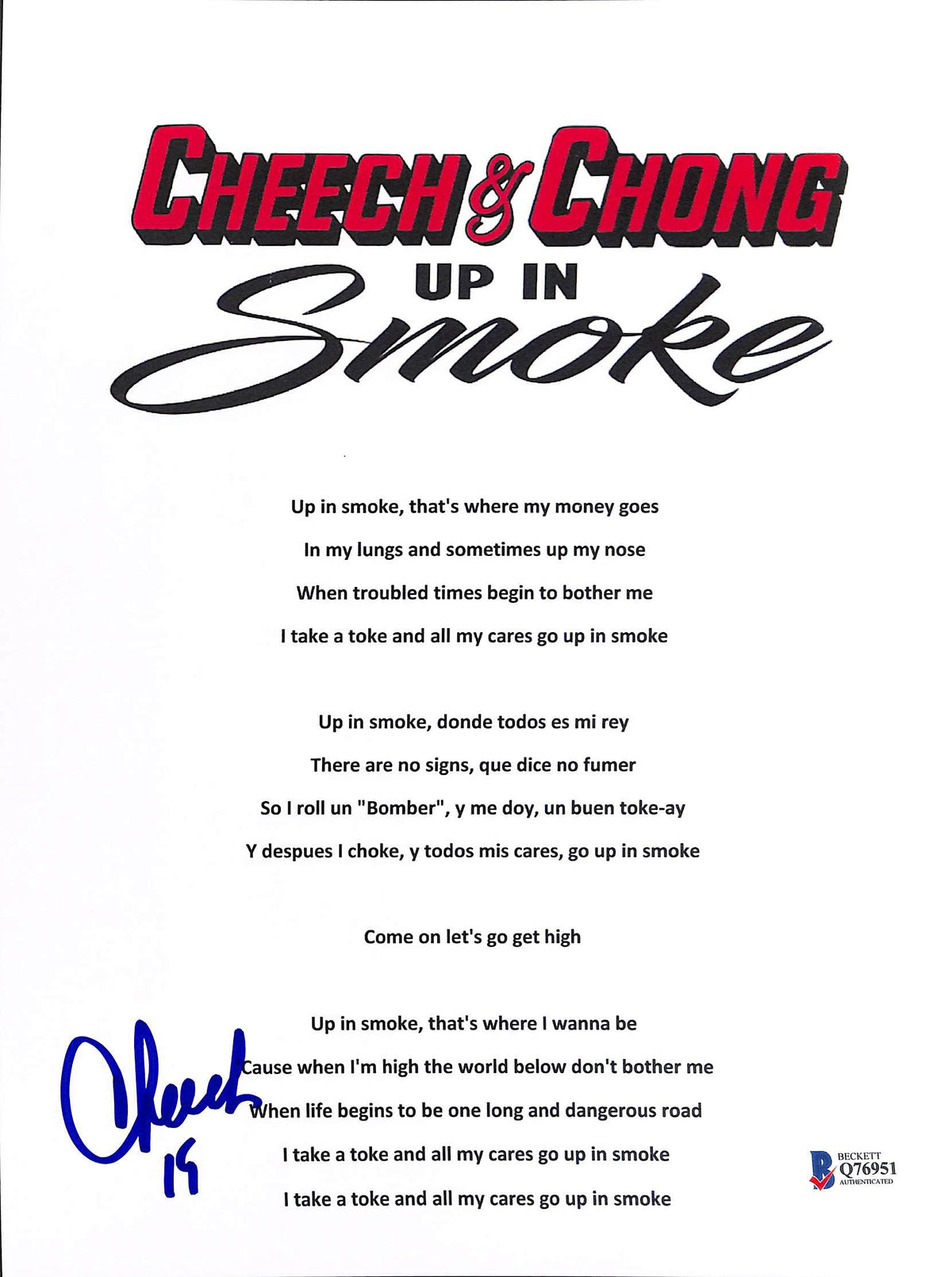 Cheech Marin Authentic Signed Up in Smoke Lyric Music Sheet BAS #Q76951