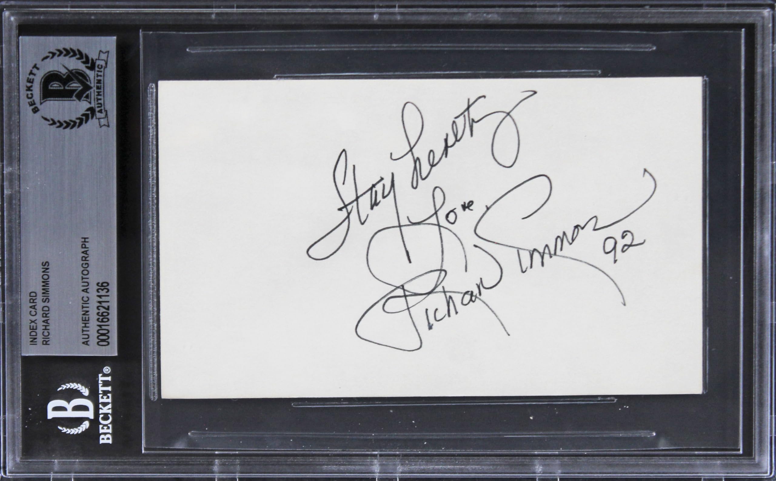 Richard Simmons "Stay Hearty 92" Authentic Signed 3x5 Index Card BAS Slabbed 2