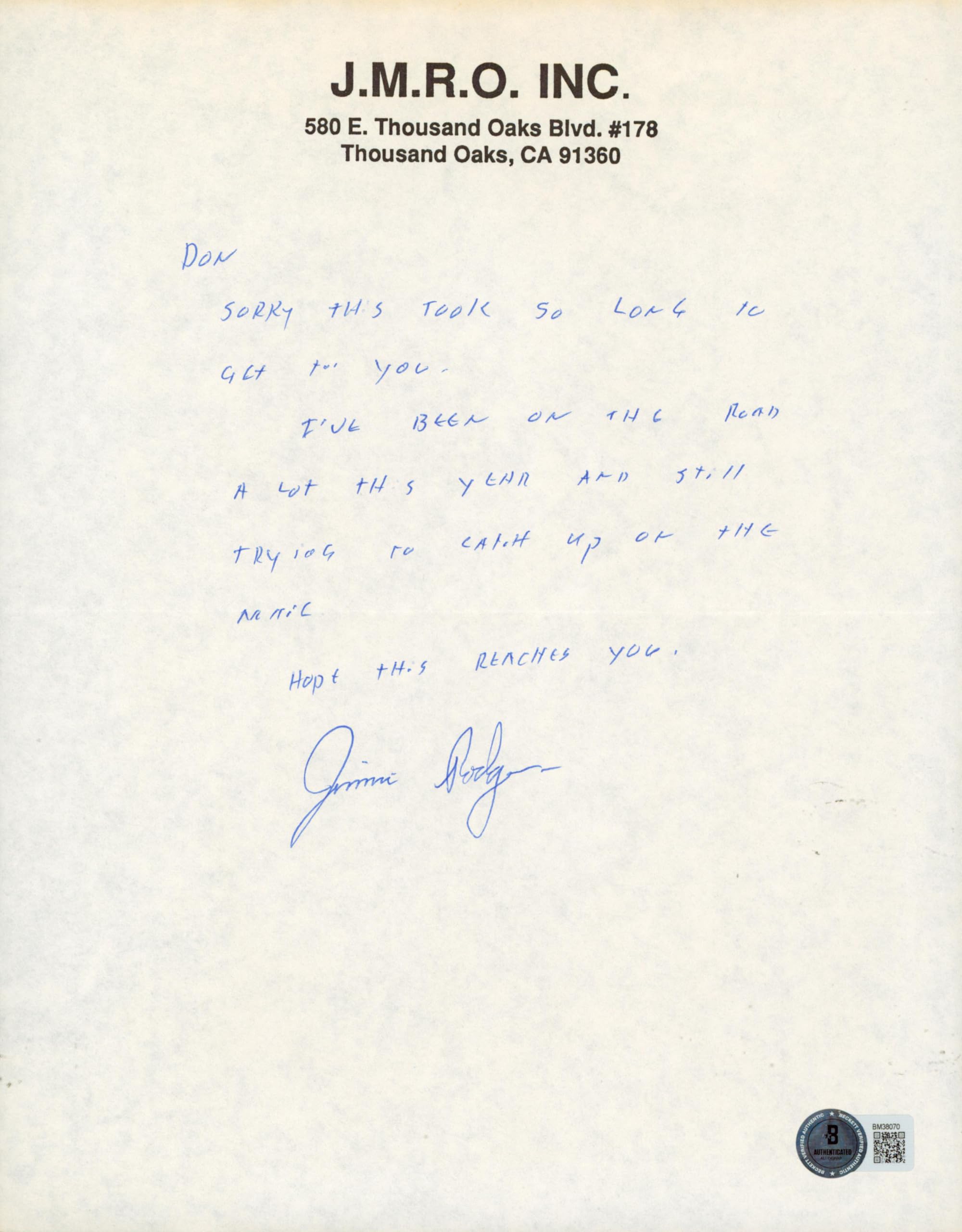 Jimmie Rogers Musician Authentic Signed 8.5x11 Handwritten Letter BAS #BM38070