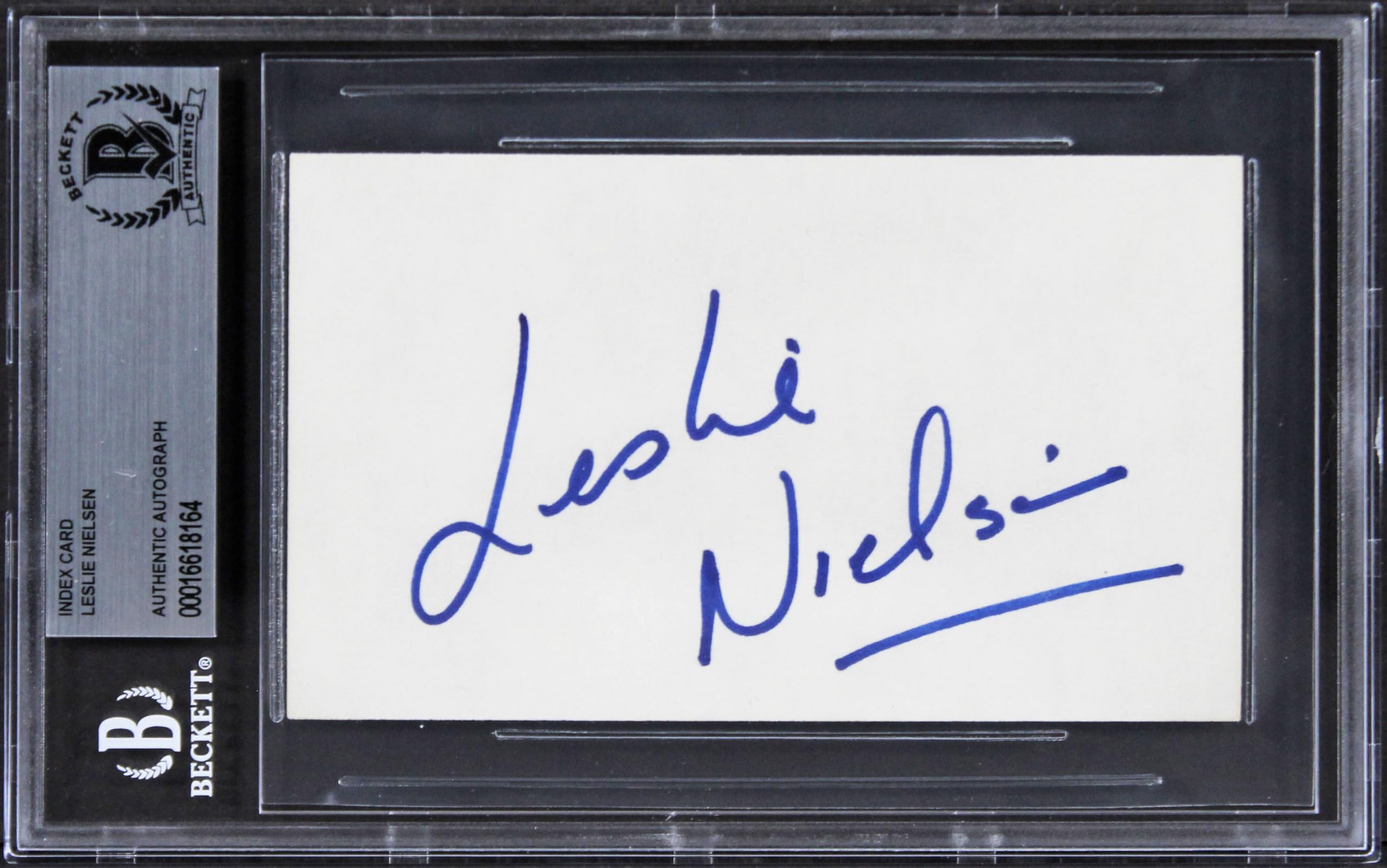 Leslie Nielsen Airplane! Authentic Signed 3x5 Index Card Autographed BAS Slabbed