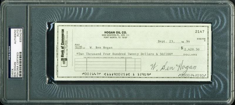 Ben Hogan Authentic Signed 3X8.25 1994 Check Autographed PSA/DNA Slabbed