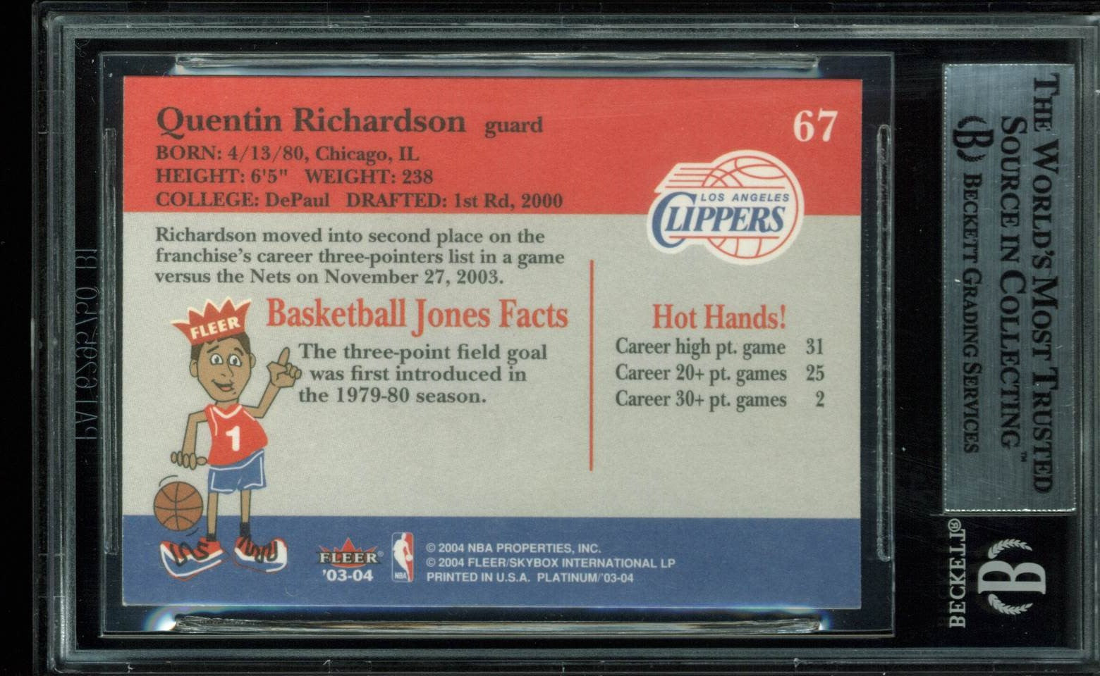 Clippers Quenton Richardson Signed Card 2003 Fleer Platinum #67 BAS Slabbed