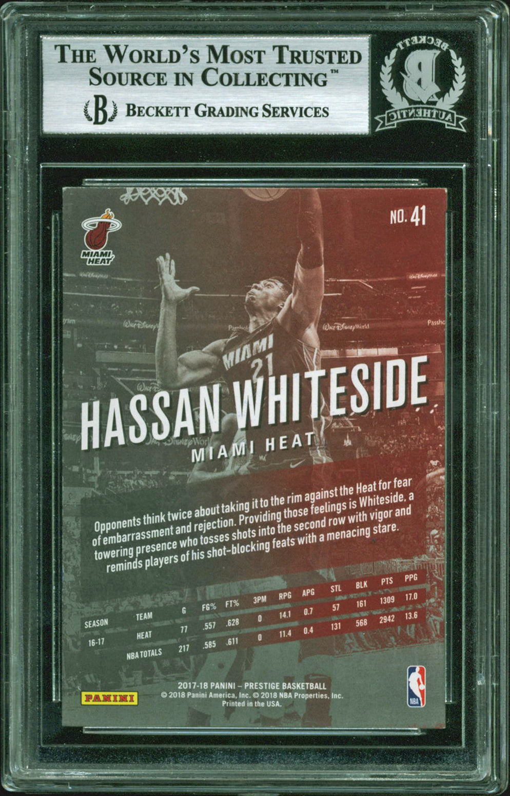 Blazers Hassan Whiteside Signed 2017 Panini Prestige #41 Auto Card BAS Slabbed