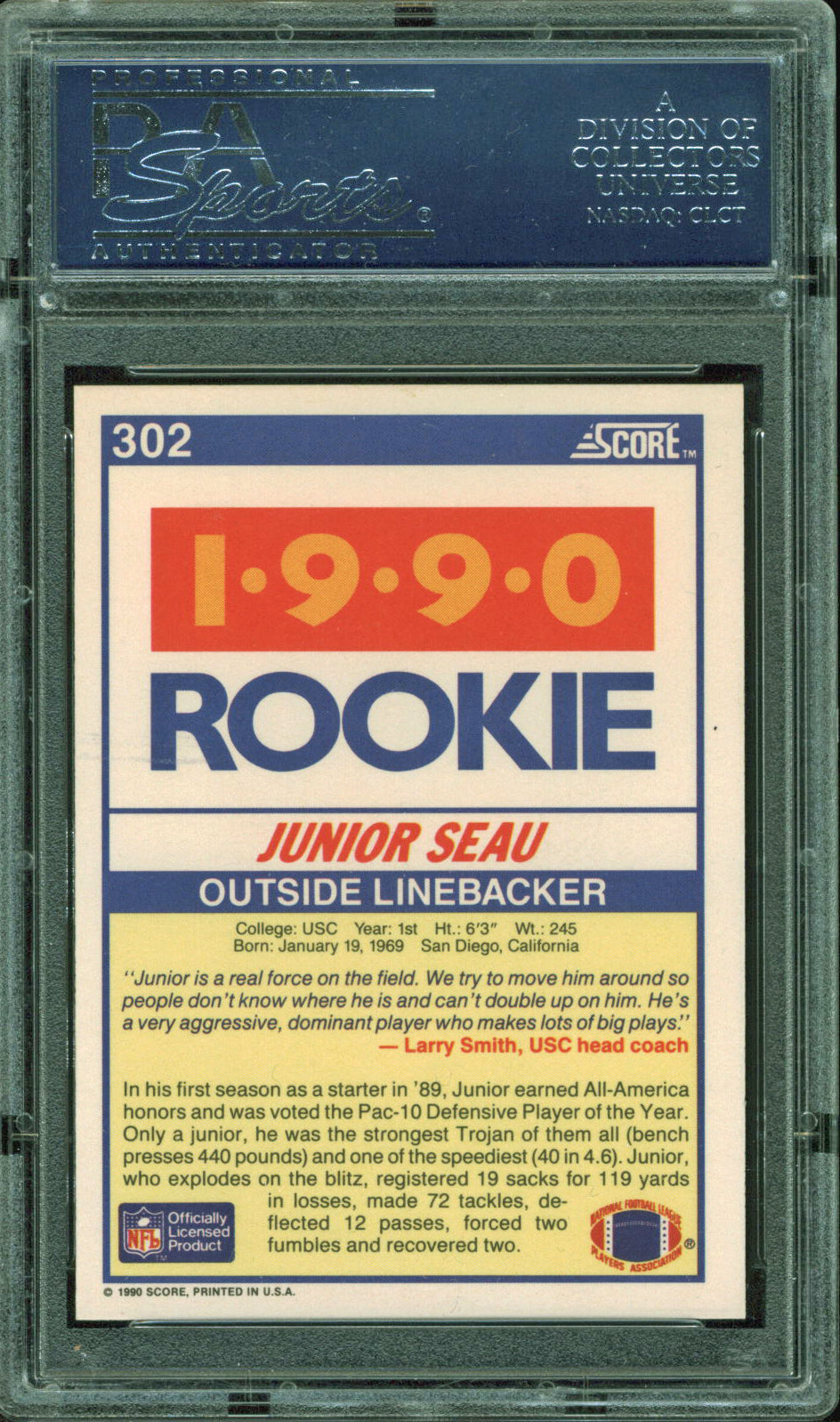 Chargers Junior Seau Authentic Signed 1990 Score #302 Auto Card PSA/DNA Slabbed
