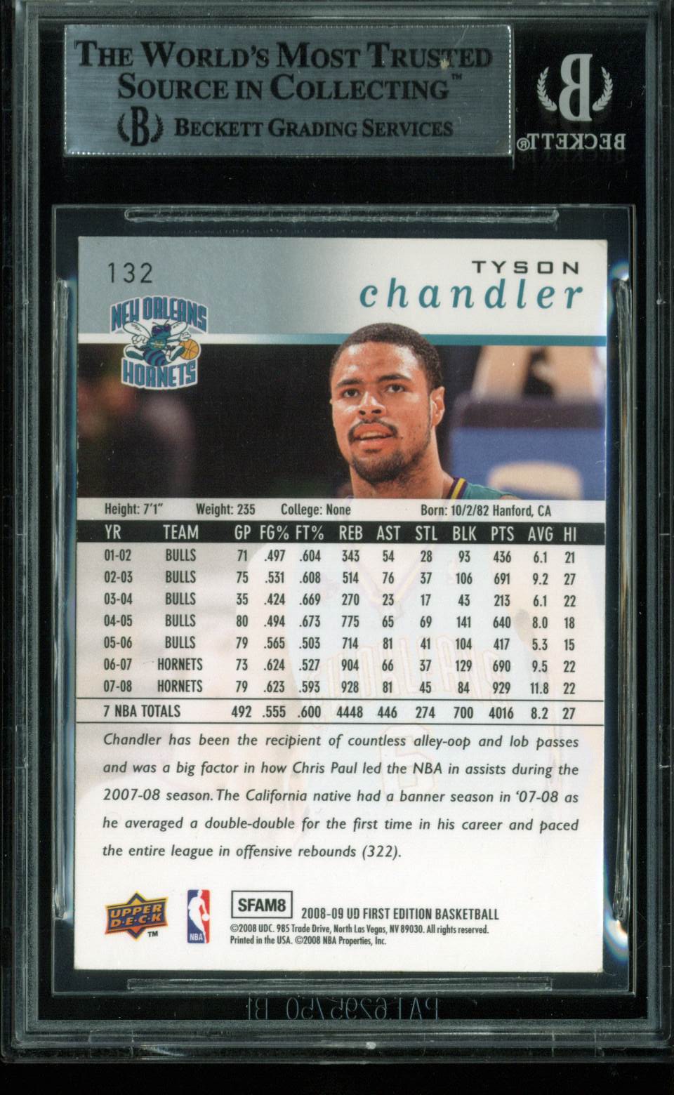 Hornets Tyson Chandler Signed Card 2008 UD First Edition #132 BAS Slabbed
