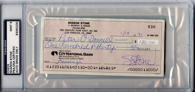 Sharon Stone Signed 1991 Personal Check Autographed PSA/DNA Slabbed Mint 9