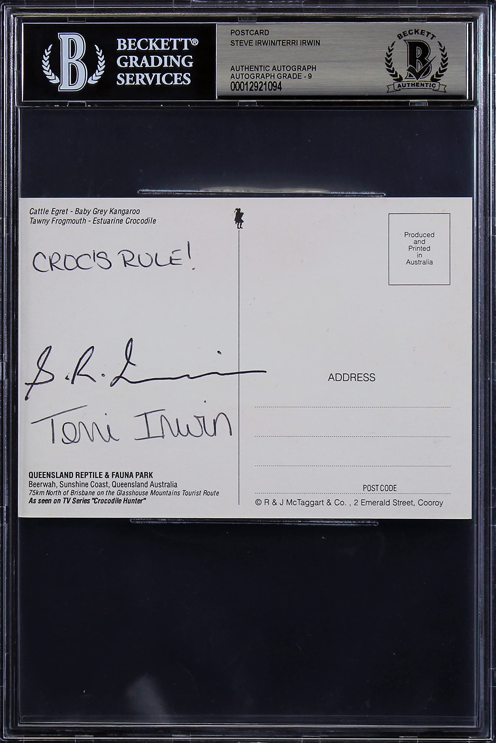 Steve Irwin & Terri Irwin Authentic Signed 4x5.5 Postcard Auto 9! BAS Slabbed