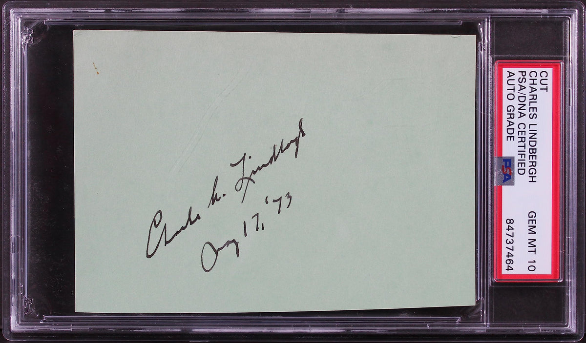 Charles Lindbergh "Aug 17, 73" Signed 3x5 Cut Signature Auto 10! PSA Slabbed