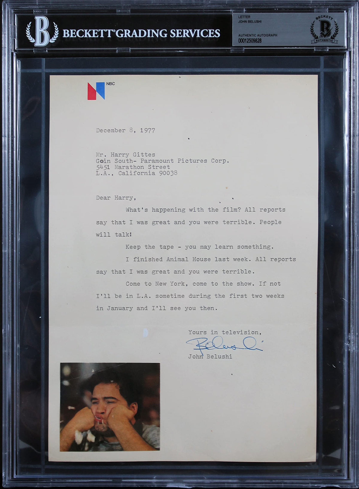 John Belushi Animal House Signed 7x10.5 1977 Letter on NBC Letterhead BAS Slab